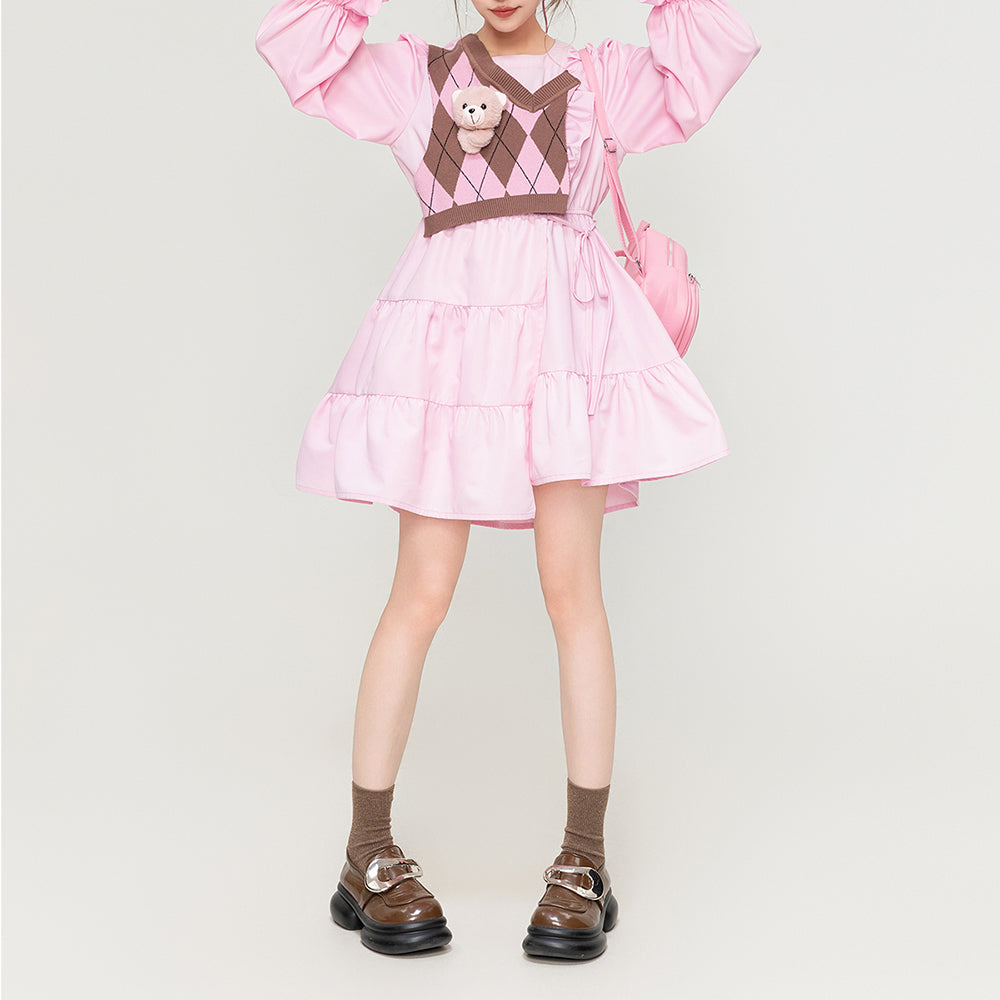 Nibimi kawaii bear plaid dress NM3389