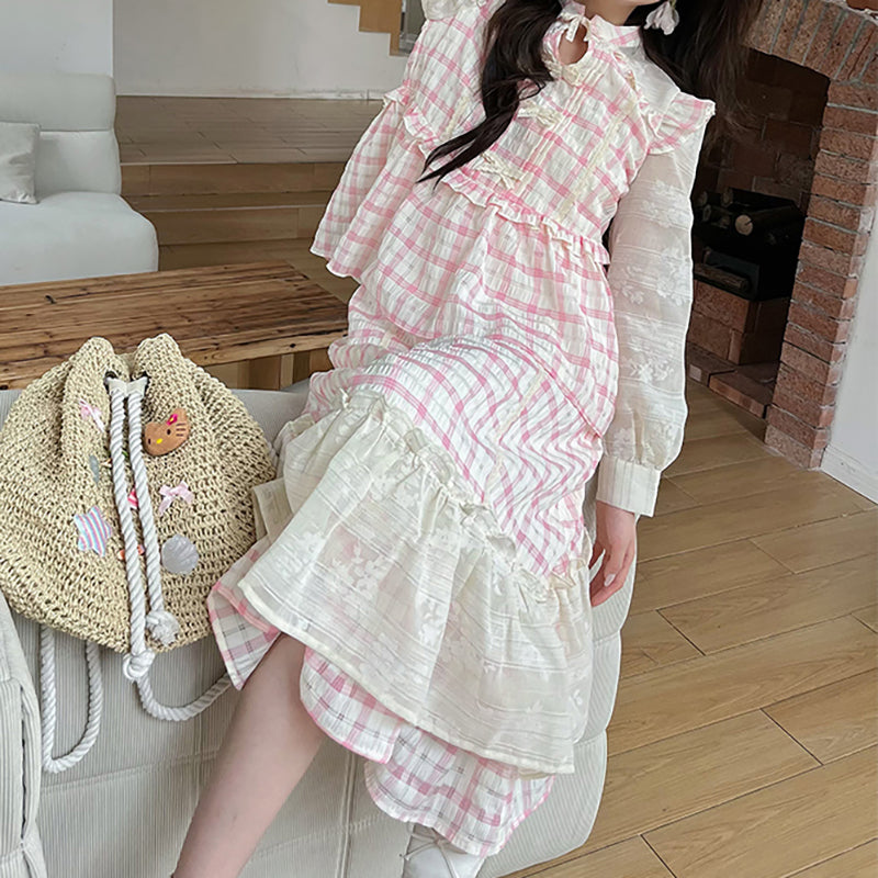 Nibimi kawaii dopamine plaid lace skirt set NM3403