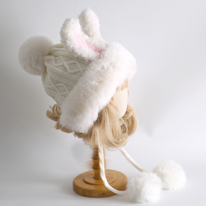 Nibimi cute rabbit ear fur ball knitted hat NM3669