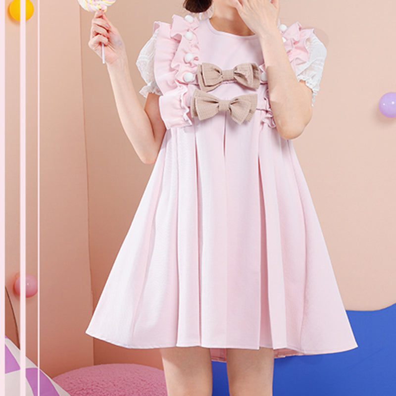 Nibimi Cute Bow Knot Puff Sleeve Dress NM2610