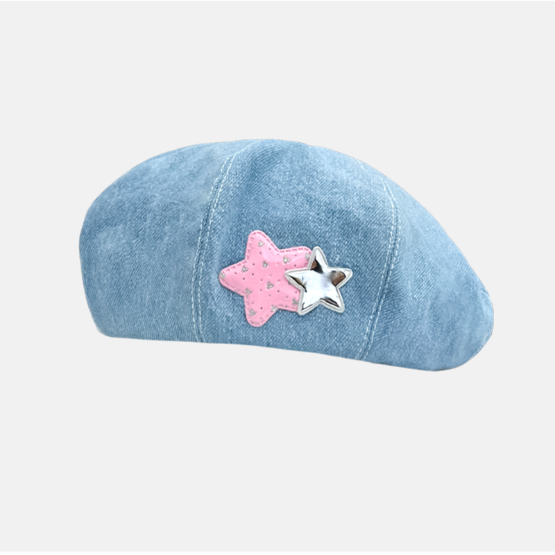 Nibimi Cute Pink Star Denim Beret NM2572