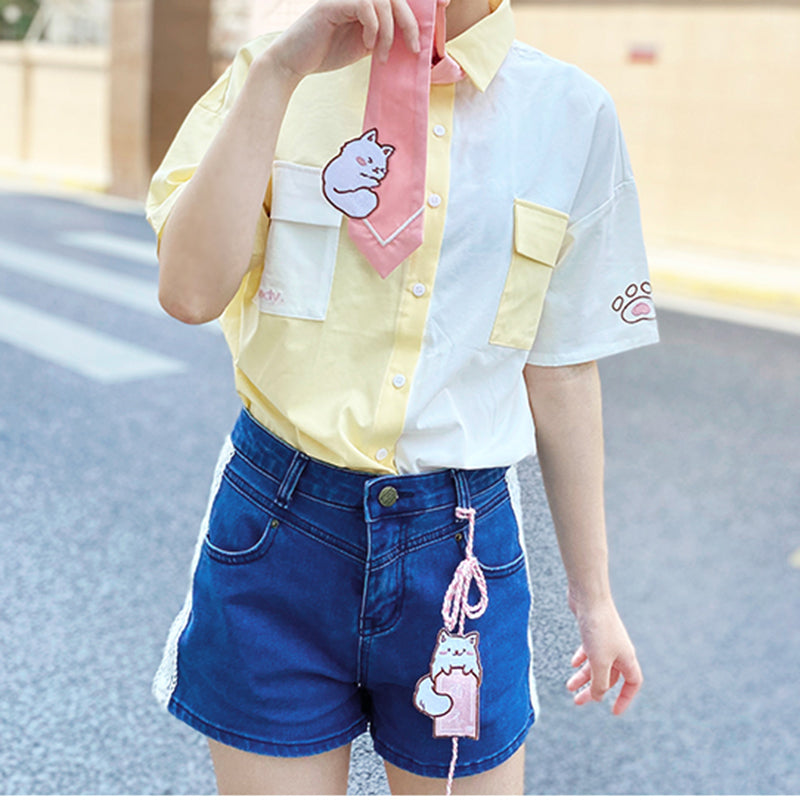 Nibimi Cute cartoon shirt denim shorts NM1079