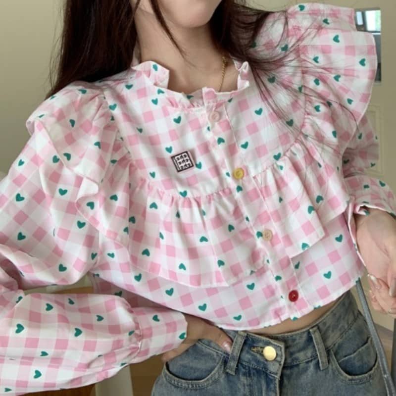 Nibimi Pink Doll Collar Love Print Shirt NM2131