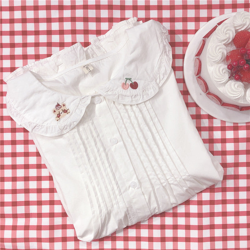 Nibimi Cherry Bear Embroidery Shirt NM333