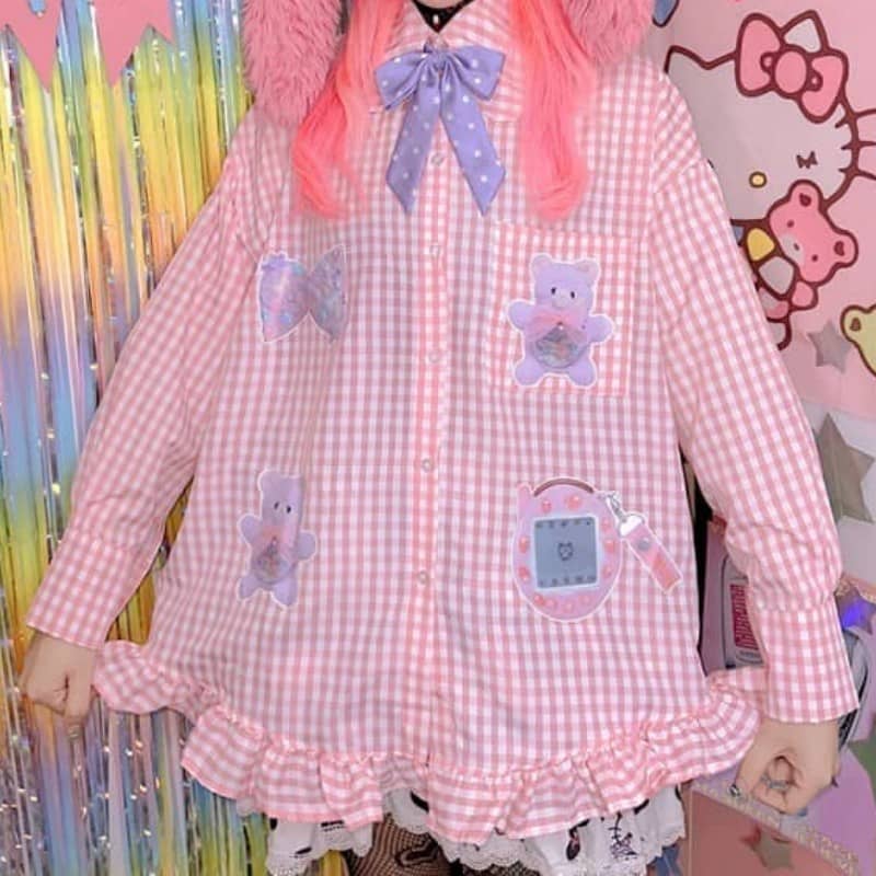 Sweet Bear Doll Collar Plaid Shirt NM2062